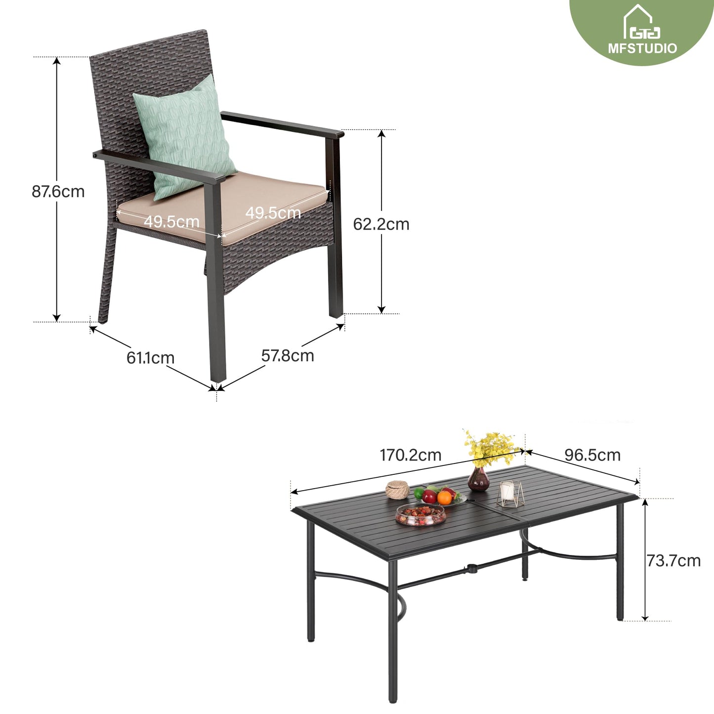 MFSTUDIO Rattan Gartenmöbel Set, Balkonmöbel, Rechteckiger Gartentisch mit Stühlen Terassenmöbel mit 4cm Schirmloch, Terassenmöbel Außen für Garten, Beige Kissen, Dunkelbraun