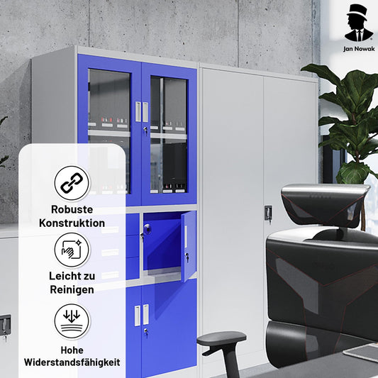 Jan Nowak Metallschrank Jan 185 x 90 x 40 cm – Abschließbarer Aktenschrank mit 2 Türen, 5 Ebenen und Pulverbeschichtung – Grau