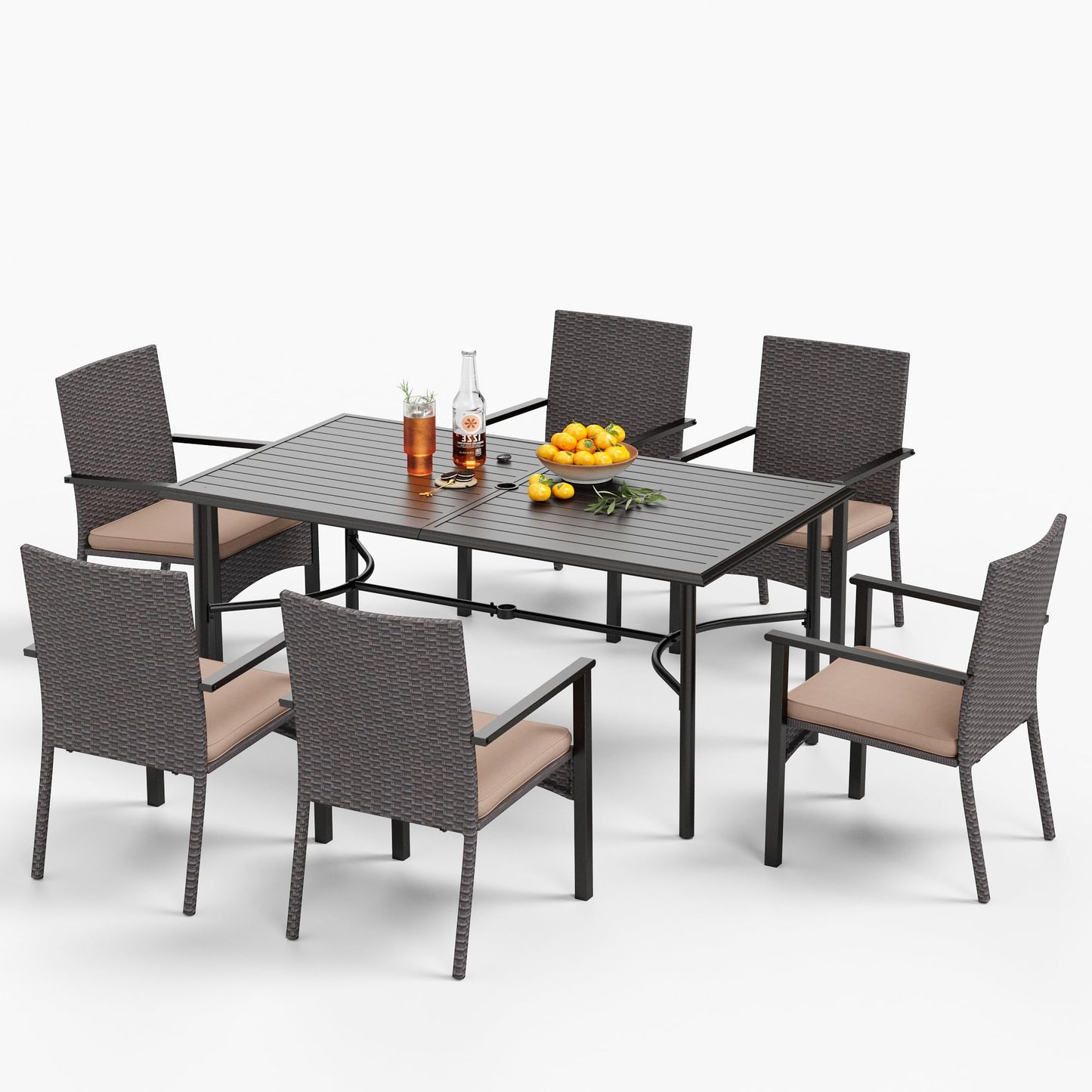 MFSTUDIO Rattan Gartenmöbel Set, Balkonmöbel, Rechteckiger Gartentisch mit Stühlen Terassenmöbel mit 4cm Schirmloch, Terassenmöbel Außen für Garten, Beige Kissen, Dunkelbraun