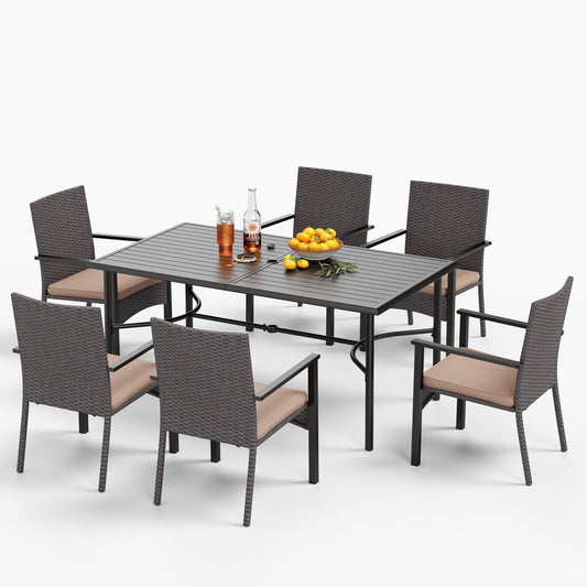 MFSTUDIO Rattan Gartenmöbel Set, Balkonmöbel, Rechteckiger Gartentisch mit Stühlen Terassenmöbel mit 4cm Schirmloch, Terassenmöbel Außen für Garten, Beige Kissen, Dunkelbraun