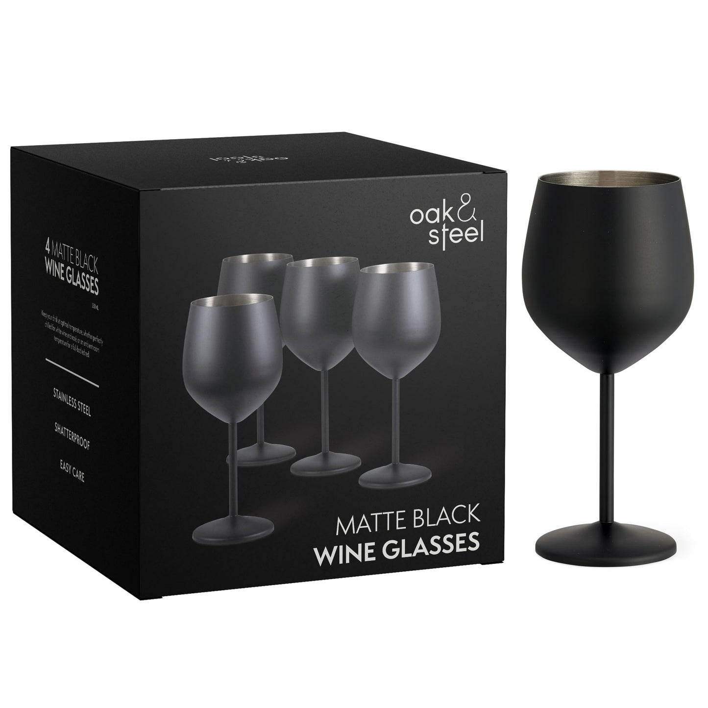 Oak & Steel - 4 Edelstahl Weingläser (540ml) - Schwarz Matte - Robust & Unzerbrechlich - Geschenkset für Geburtstage & Weihnachten, Tischdeko für Halloween