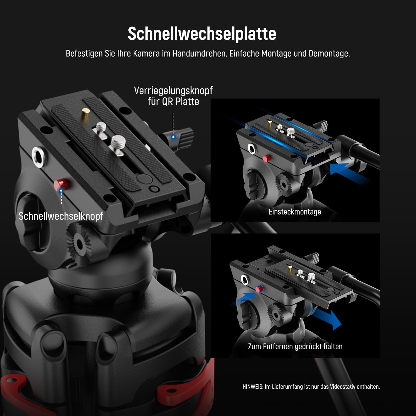 NEEWER Basic 74“ Videostativ mit Fluidkopf [Basisversion], Metall Kamerastativ mit sanfter Reibungsdämpfung, Mittelspinne, Schnellwechselplatte kompatibel mit 501, maximale Belastung 17,6lb, TP37