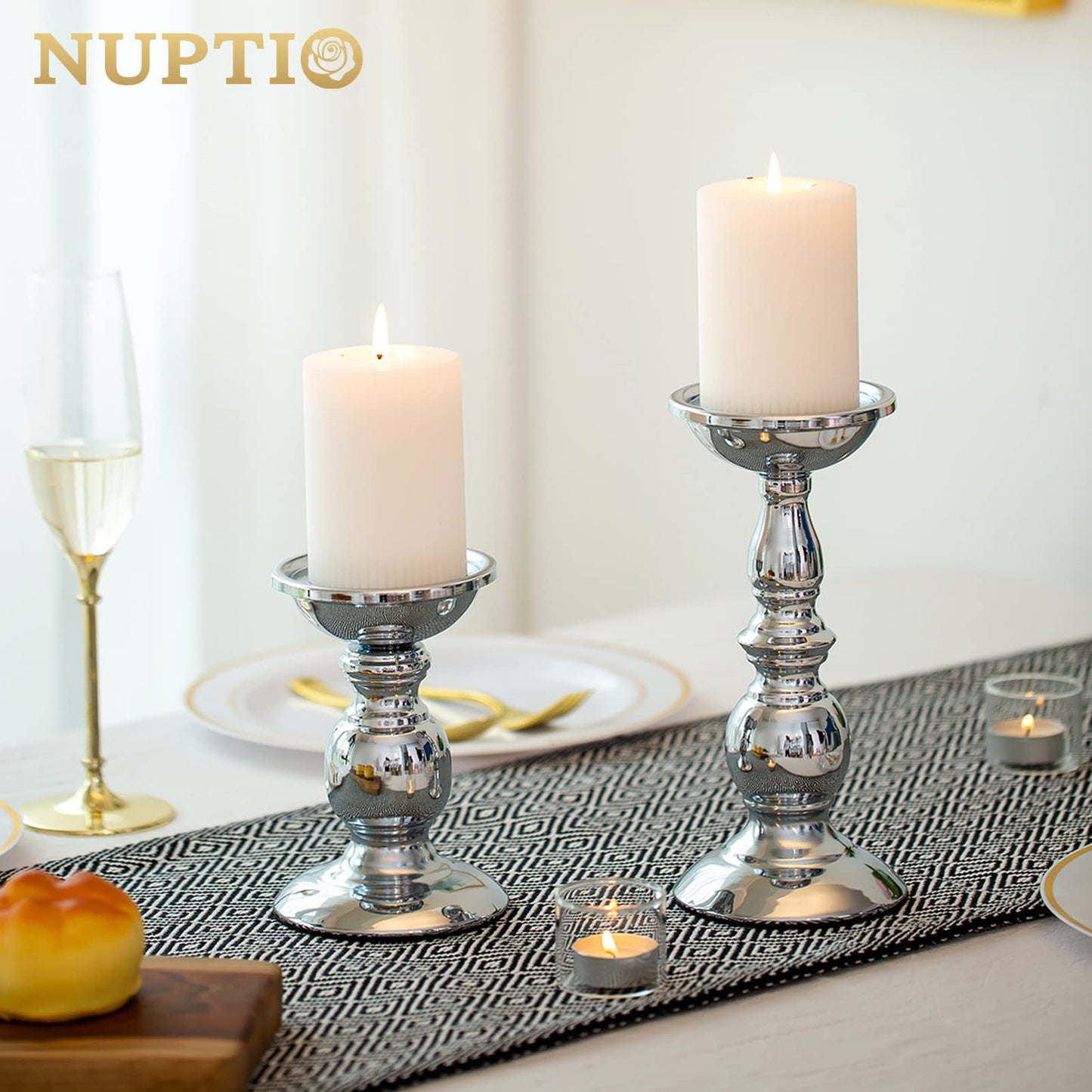 NUPTIO Säulenkerzenhalter Metallkerzenhalter Ideal für 80mm Kerzen, Silberner Kerzenhalter für Wohnzimmer, Gärten, Spa, Aromatherapie, Weihrauchkegel, Hochzeit, Party, 2 Stück