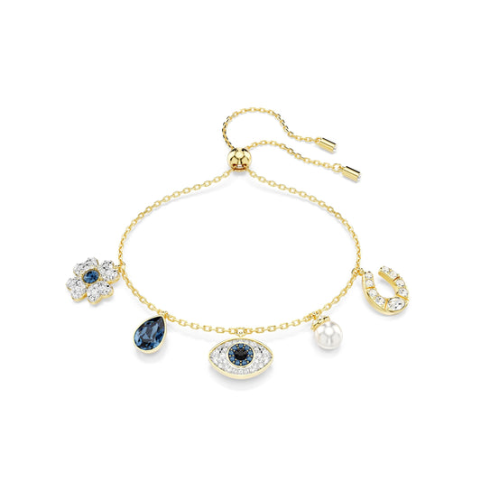 Swarovski Symbolica Armband, Glücksklee, „Evil Eye“ und Hufeisen, Blau, Goldlegierungsschicht