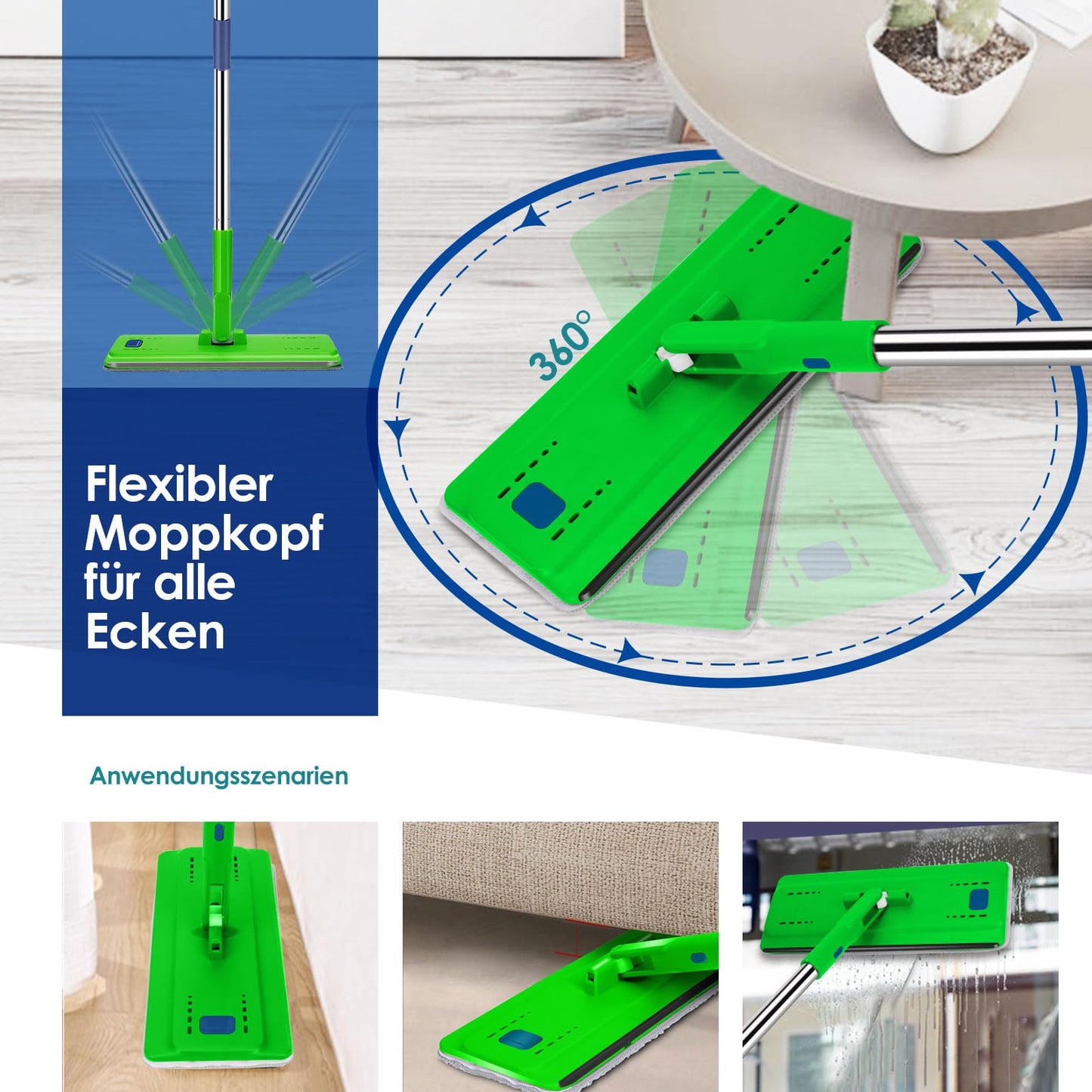 Myiosus Wischmopp Set mit Eimer, Bodenwischer, 2 in 1 Putzeimer mit Wischmop, 138cm Flachmopp für Bodenreinigung und Wandreiniger, 360° Wischmopp mit Auswringfunktion für Alle Böden-5 Mikrofaser Pads