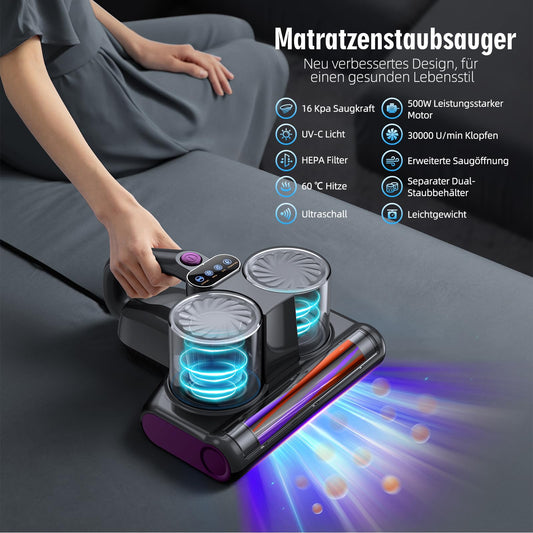 JPHYLL Milbensauger für Matratzen Milbenstaubsauger mit UV-C Licht 16Kpa Absaugung Matratzenreiniger HEPA Filter Ultraschall Hitze Bürstenrolle Technologien Matratzensauger Polstersauger 500W Kabel