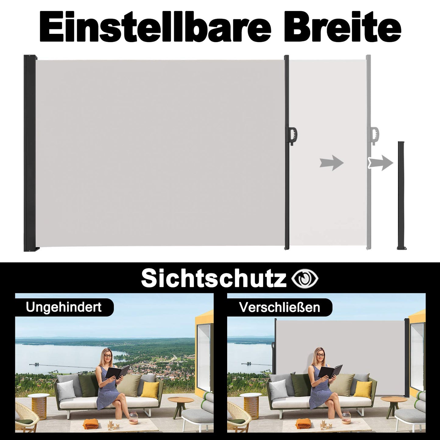HENGMEI 180x300cm Seitenmarkise ausziehbar Sonnenschutz Sichtschutz Windschutz Verschiedene Größen für Terrasse Camping Garden (180 cm, Grau)