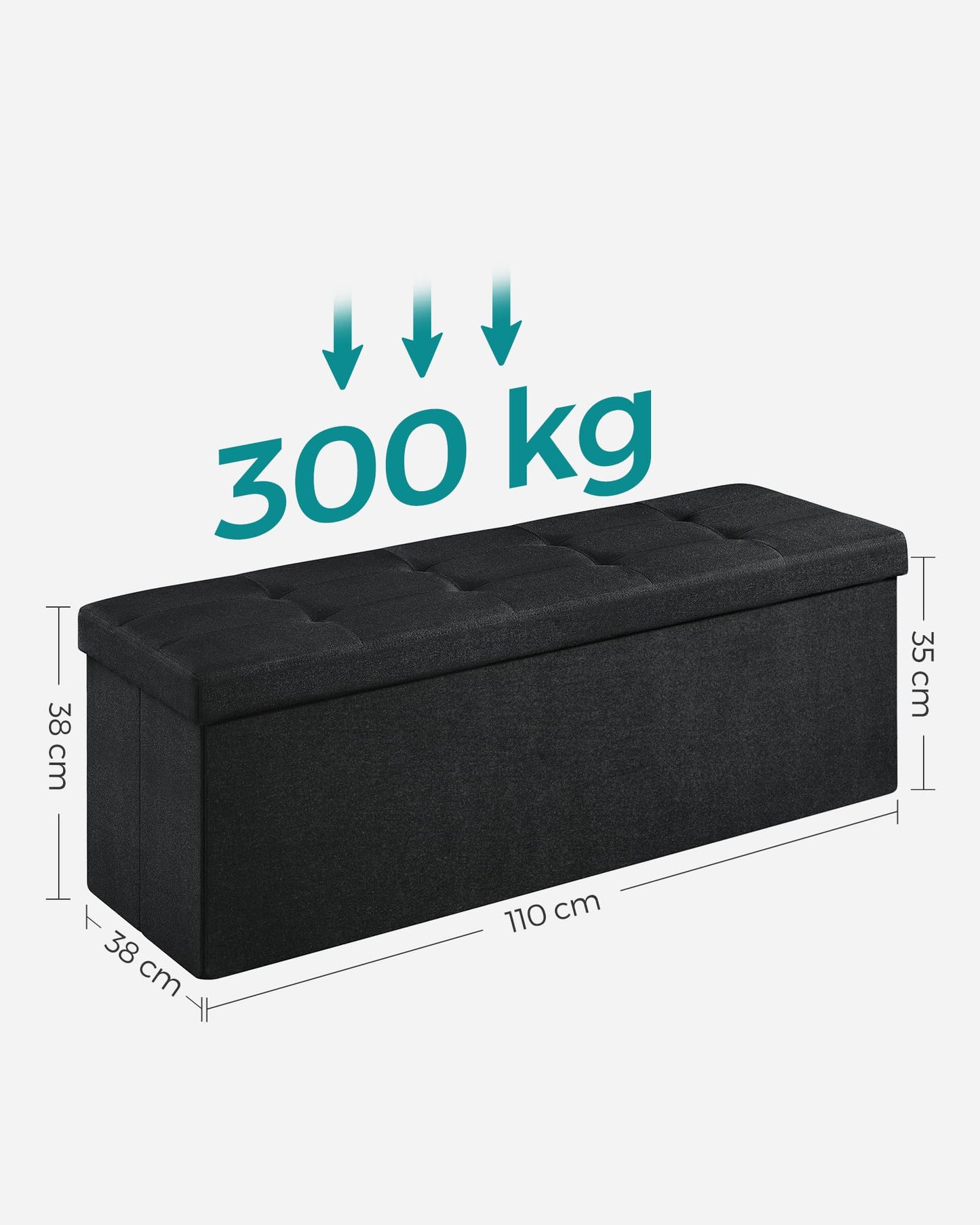 SONGMICS Sitzhocker mit Stauraum, klappbare Sitzbank, 38 x 110 x 38 cm Fußbank, Aufbewahrungsbox, bis 300 kg belastbar, für Wohnzimmer Schlafzimmer Flur, tintenschwarz LSF077B01