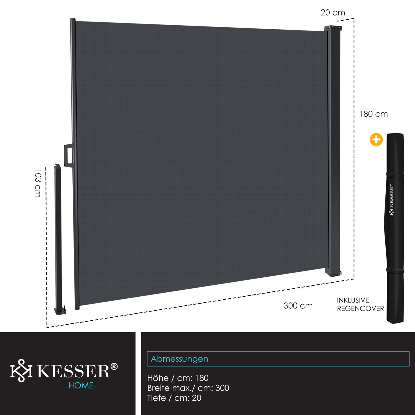 KESSER® Seitenmarkise ausziehbar Markise 180 x 300 cm Blickdicht Sichtschutz & Windschutz für Garten Balkon & Terrasse, Seitenrollo mit Wandhalterung, inkl. Wettercover Dunkelgrau