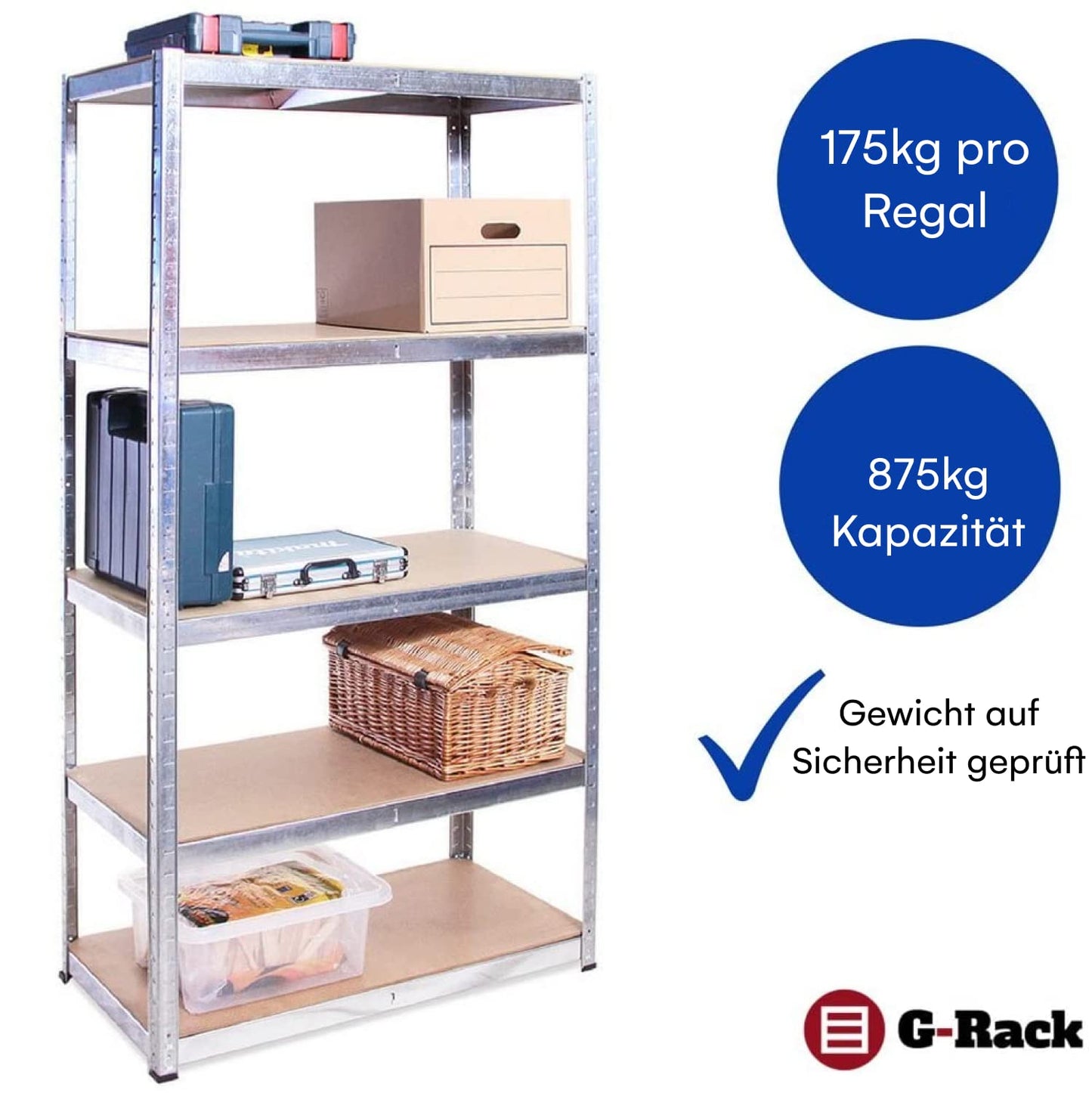 G-Rack Schwerlastregal 180x120x60 cm – Robustes Graues Metallregal mit 5 verstellbaren MDF-Böden, 175 kg Tragkraft pro Ebene (875 kg gesamt), schraubenloses Lagerregal für Garage, Werkstatt oder Keller