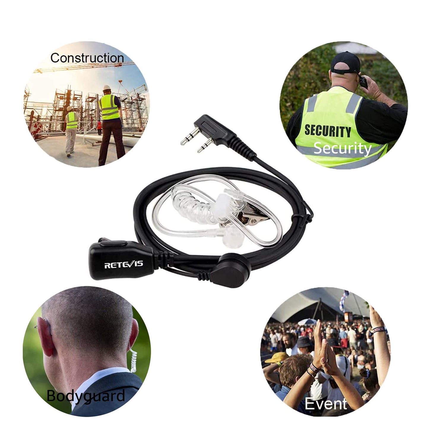 Retevis Funkgerät Headset 2 Pin Kompatibel mit Walkie Talkie Retevis RT24 Plus RT622 RT27 Baofeng UV-5R Plus BF-888S BF-88E Kenwood Sicherheits-Headset Kopfhörer Ohrhörer (1 Stuck)