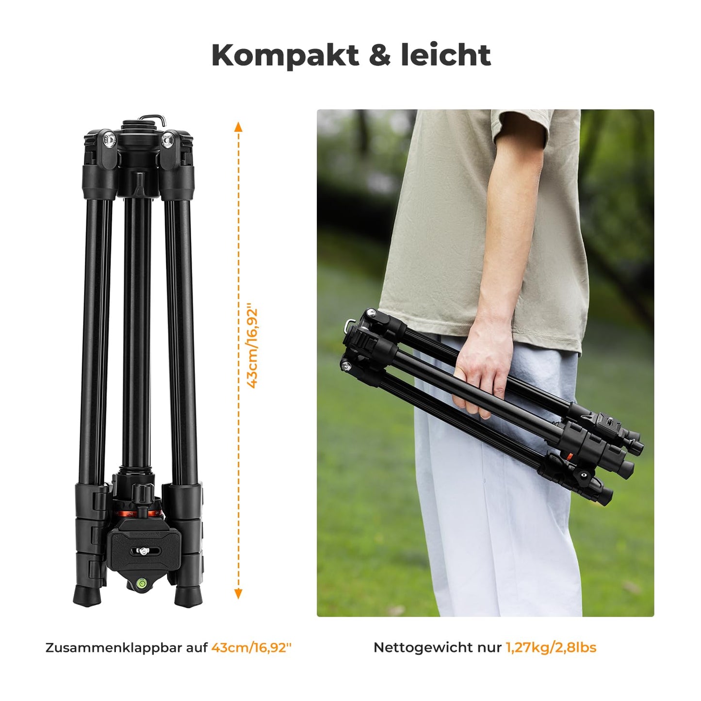 Kamera Stativ, K&F Concept Handy Stativ,178cm Stativ mit Handyhalterung, Tripod für unterwegs, Stativ für Smartphone, Aluminium Reisestativ K234A3+BH-36