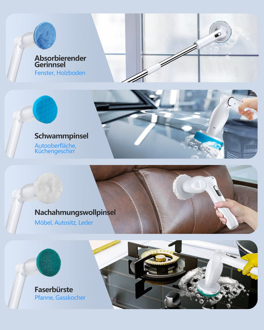 Leebein Elektrische Reinigungsbürste, 2023 Neues Spin Scrubber mit 8 Austauschbaren Bürstenköpfen, Verstellbarem Verlängerungsgriff 37-130CM & 2 Rotationsgeschwindigkeiten für Bad/Küche/Auto