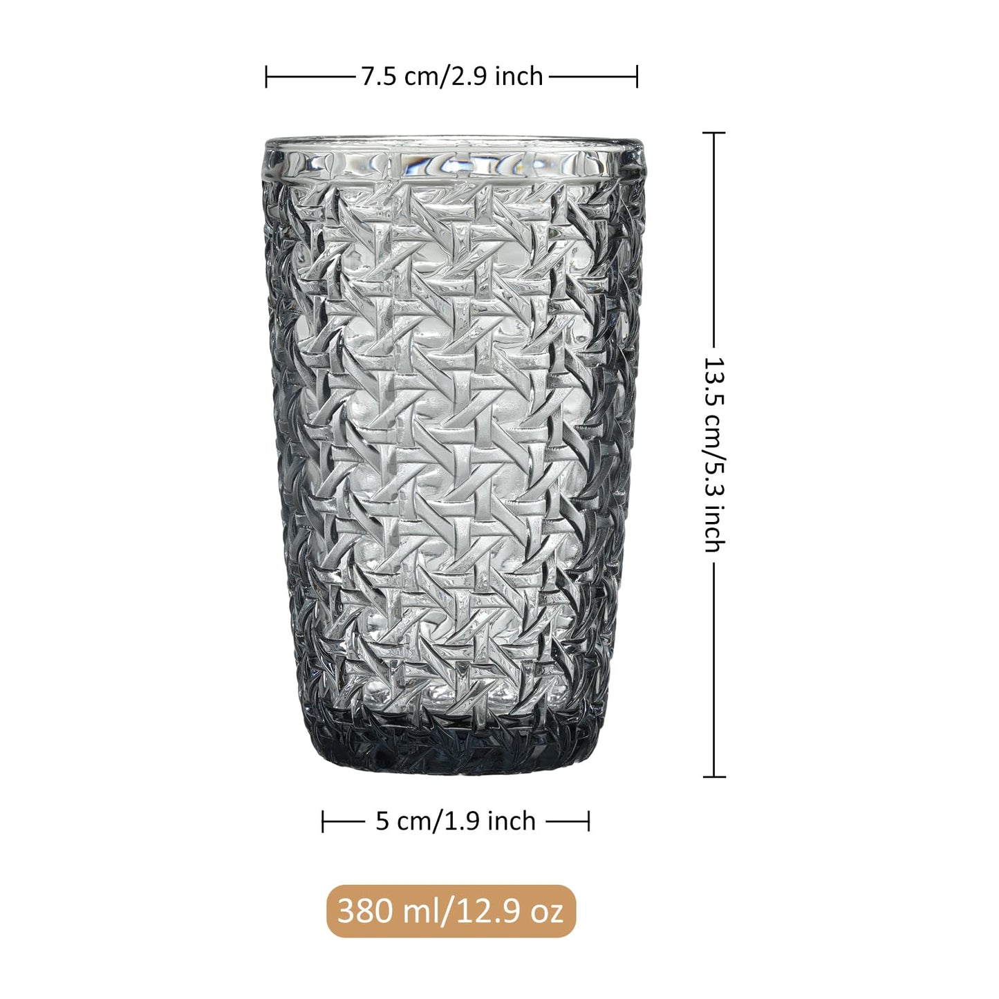 Joeyan 380ml Grau Wassergläser mit Geprägtem Design,Vintage Trinkgläser Longdrinkgläser,Bunt Wassergläser mit Geometrisches Textur,4er Set,Spülmaschinenfest