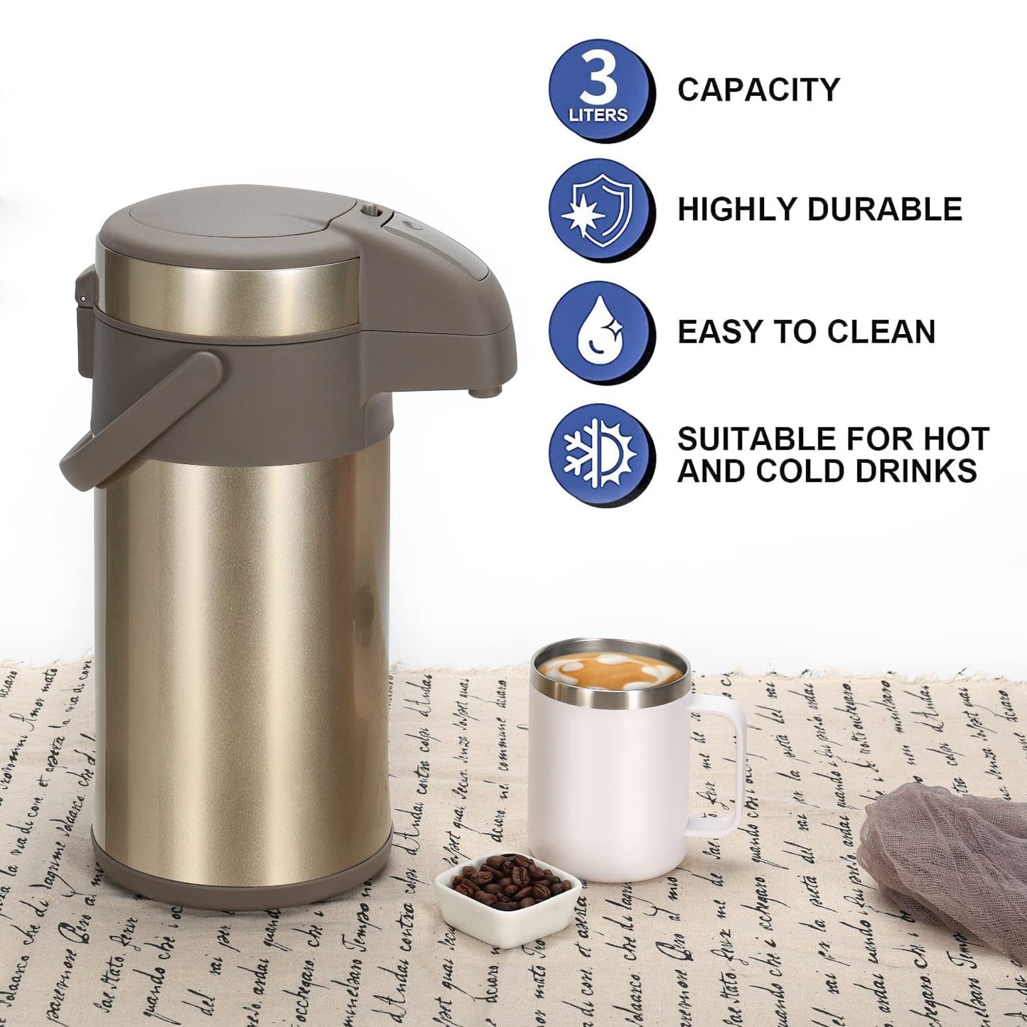 Olerd Pumpkannen Thermoskannen Kaffeespender 4,0 Liter, Edelstahl Doppelwandige Pump Vakuum Isolierkanne mit Pumpmechanismus, Kaffeekaraffe, Kanne für 24 Tassen (Gold)