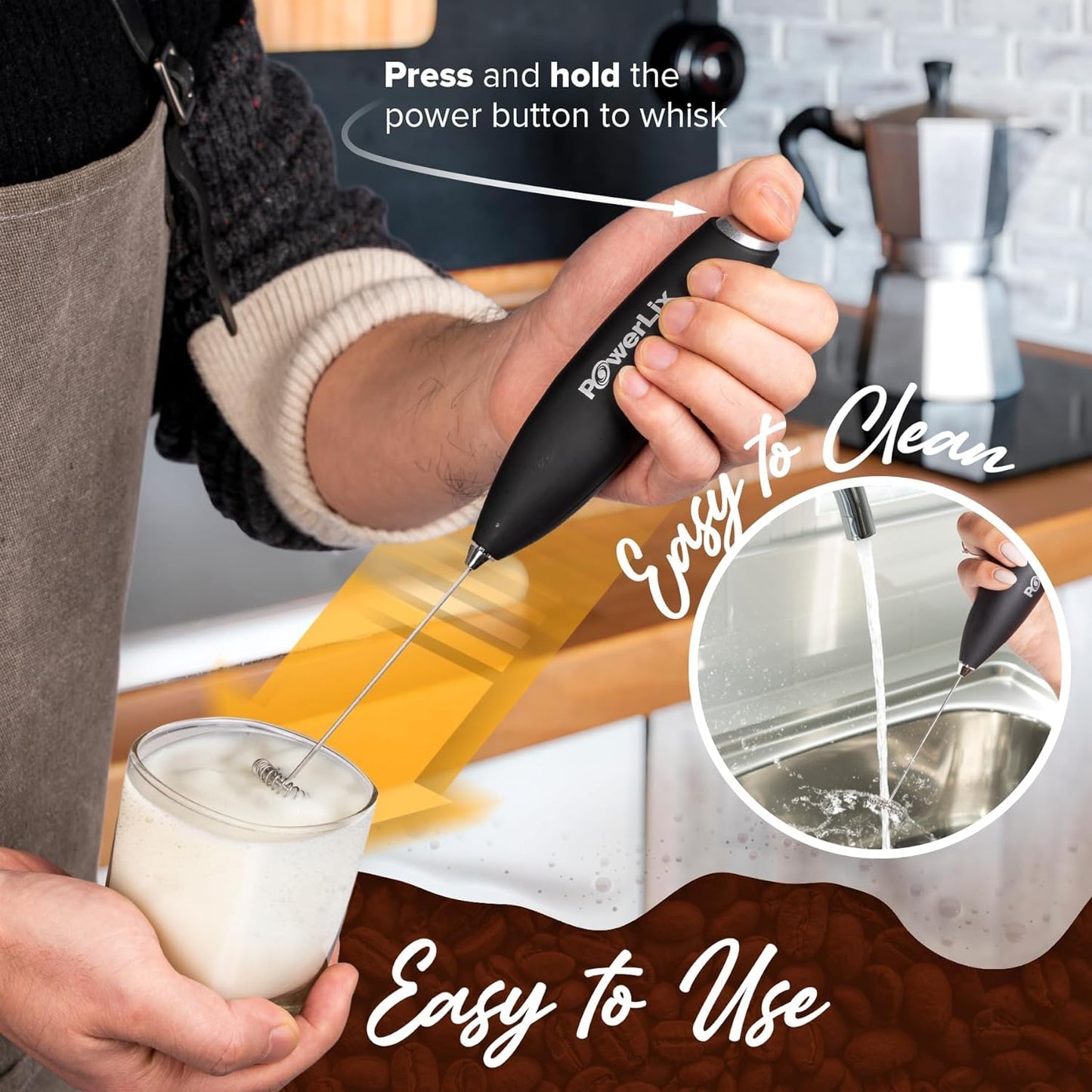 PowerLix Milchaufschäumer Stab, Milchschäumer Elektrisch - mit Edelstahlständer 15-20s, 19000 U/min, Batteriebetriebener Milk Frother für Kaffee, Latte, Cappuccino, Heiß & Kalte Schokolade