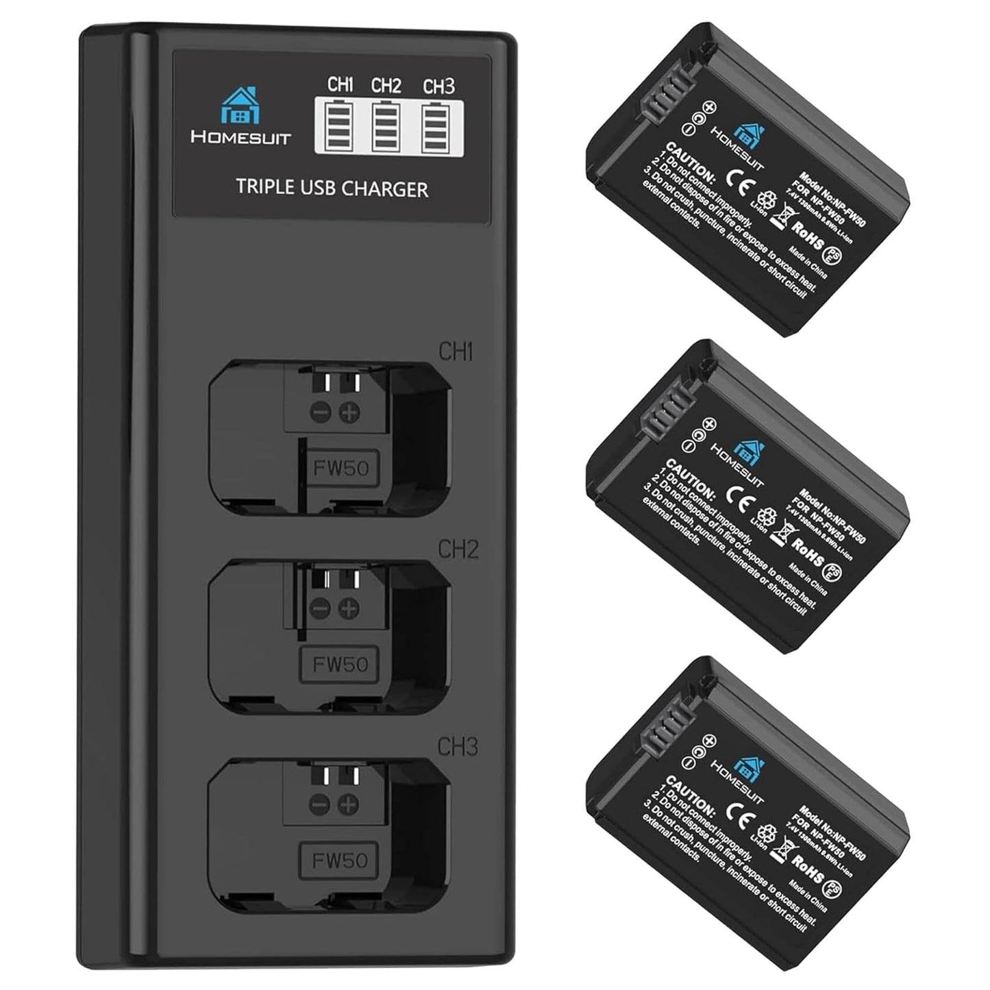 Homesuit NP-FW50 Akku 1300mAh und DREI Schlitze LCD Ladegerät Kit für Sony ZV-E10, Alpha A6000, A6500, A6300, A6400, A7II, A7RII, A7SII, A7S2, A7R, A7R2, A55, A5100, RX10 Kamera (3 Pack)