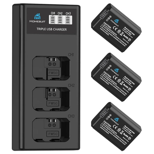 Homesuit NP-FW50 Akku 1300mAh und DREI Schlitze LCD Ladegerät Kit für Sony ZV-E10, Alpha A6000, A6500, A6300, A6400, A7II, A7RII, A7SII, A7S2, A7R, A7R2, A55, A5100, RX10 Kamera (3 Pack)
