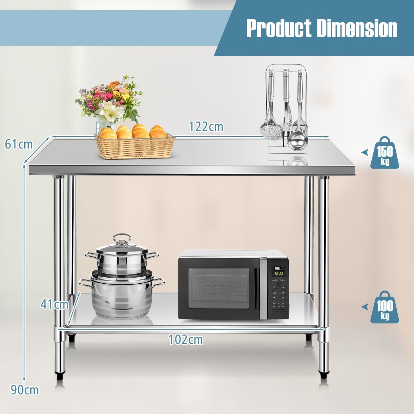 GIANTEX Edelstahl Arbeitstisch 2 Ebenen, Küchentisch Edelstahltisch mit höhenverstellbarer Ablage, Küche Lebensmittel Zubereitungstisch, verstellbare Füße, Gastro Tisch Ablagetisch 122x61x90 cm