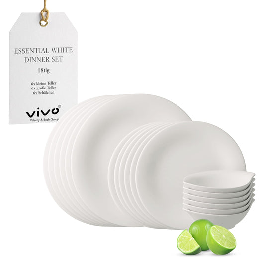 vivo – Villeroy & Boch Group – Essential White Dinner Set 18 tlg. Weiß, Spülmaschinenfest, Mikrowellensicher, Geschirr Set für 6 Personen, Müslischalen, Speiseteller, Dessertteller, Premium Porzellan