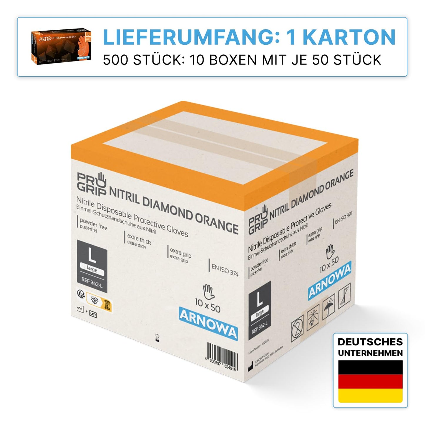 PROGRIP Einweghandschuhe Diamant Grip, Orange, Einmalhandschuhe Extra Stark, Nitrilhandschuhe Gr. L, 2x dicker, Handschuhe Einweg, Arbeitshandschuhe für Werkstatt & Montage, 500 Stück (10x50 Stk)