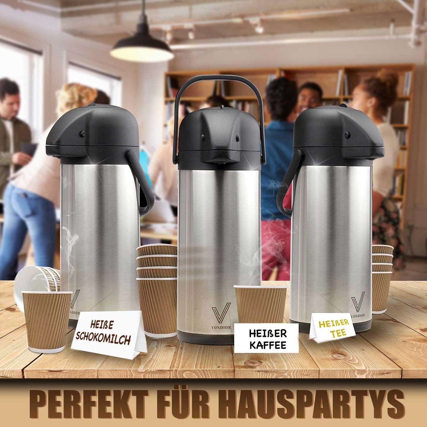 Vondior Airpot Pumpkanne 2,5 liters- Professionelle isolierte Kaffeekaraffe aus Edelstahl, Thermoskanne, Thermos-Getränkespender, Geeignet Für Partygetränke