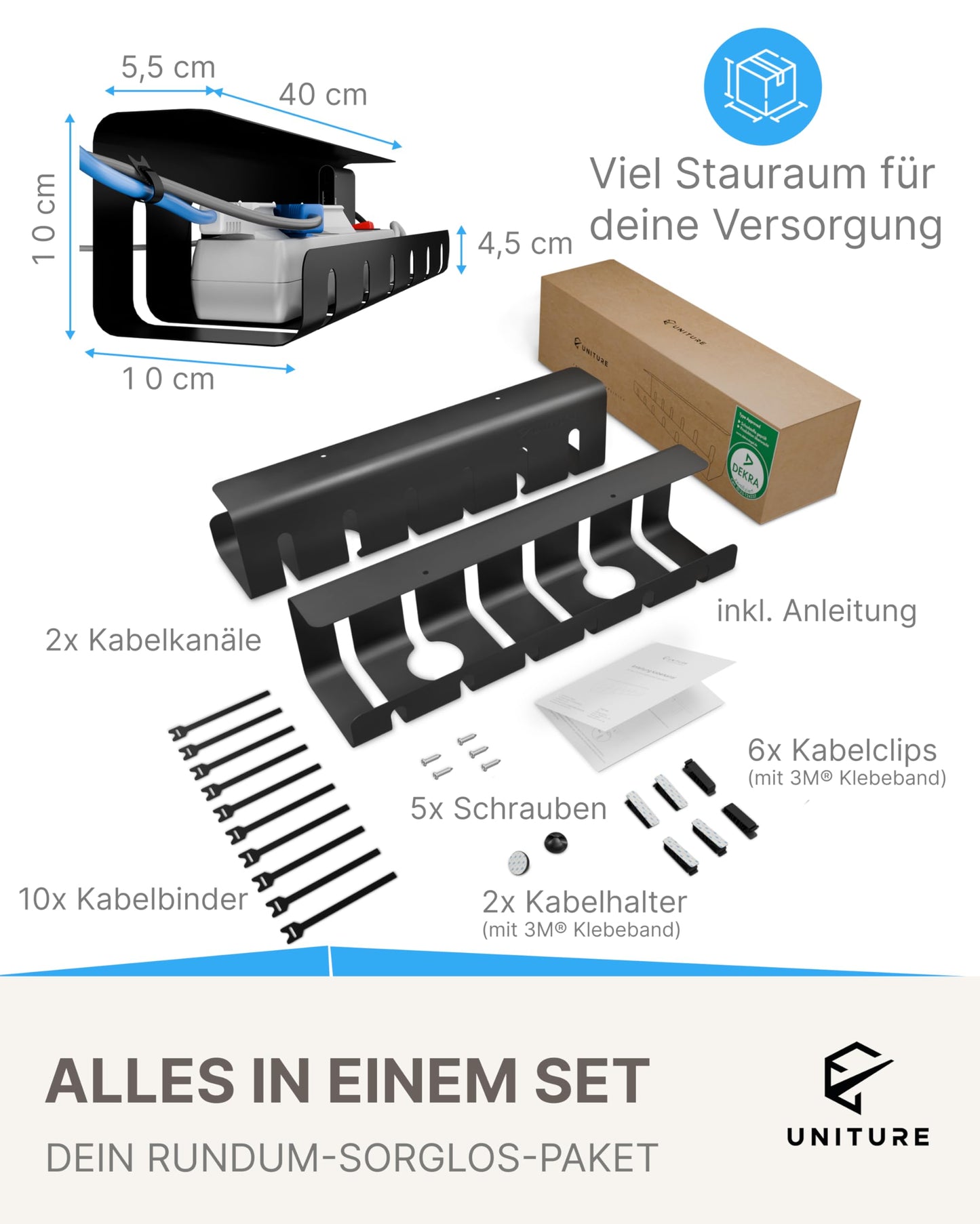 UNITURE® Kabelkanal Schreibtisch [DEKRA Zertifiziert] - 2er Set Kabelmanagement - 2x40cm Kabelhalter - Kabelführung - Cable Management Under Desk - Schwarz