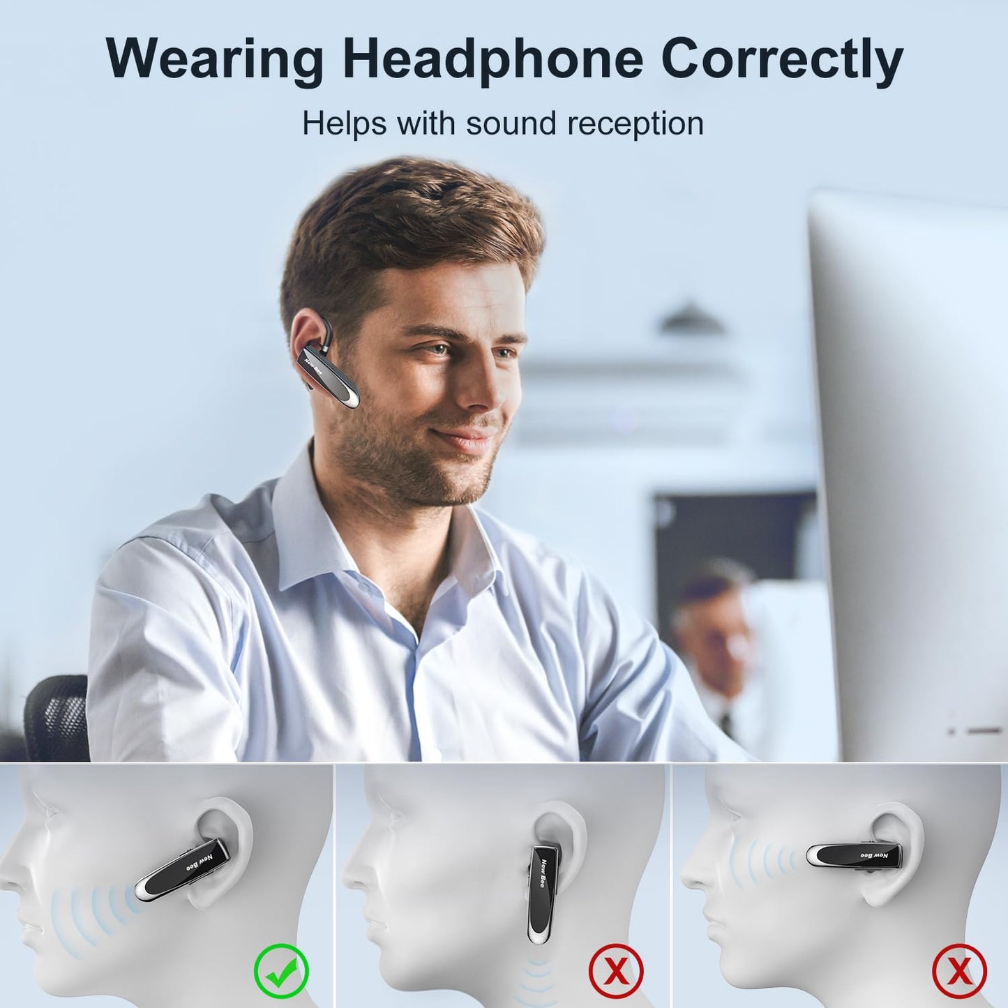 New Bee Bluetooth Headset Wireless Freisprech Telefon Bluetooth-Headset mit Mikrofon für iPhone Samsung Huawei mit 60 Tage Standby Schwarz