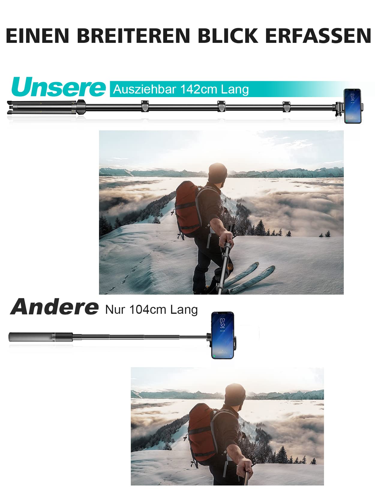 CIRYCASE 142cm Handy Stativ, Erweiterbarer All-in-One Selfie Stick Stativ mit Bluetooth Fernbedienung, Smartphone & Kamera Stative Kompatibel mit iPhone, Galaxy, Perfekt für Selfies/Videoaufnahmen