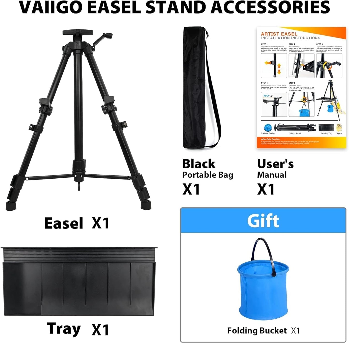 VAIIGO Staffelei groß L 52-162cm, Atelierstaffelei, Künstler Staffelei, Verstellbare Staffelei, Feldstaffelei aus Aluminium mit Tasche/Fässer/Schürze, Stativ Staffelei für Kuntsmalerei und Werbung