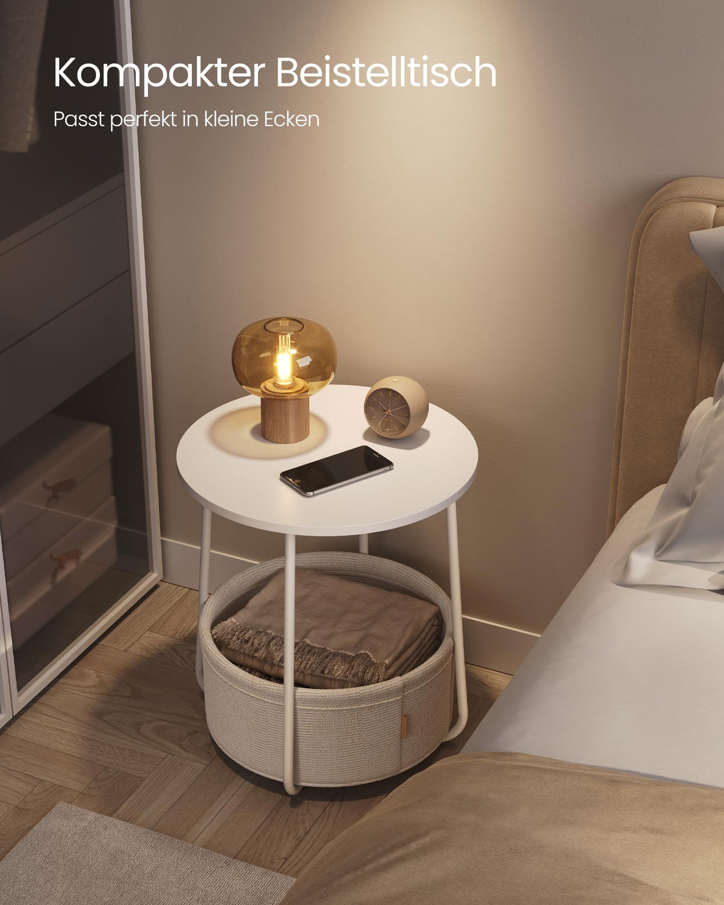 VASAGLE Beistelltisch rund, Kleiner Tisch, Couchtisch klein, Wohnzimmertisch, Korb aus Stoff, Stauraum für Wohnzimmer Schlafzimmer, Nachttisch modern, mattweiß-Kamelbraun LET223W10
