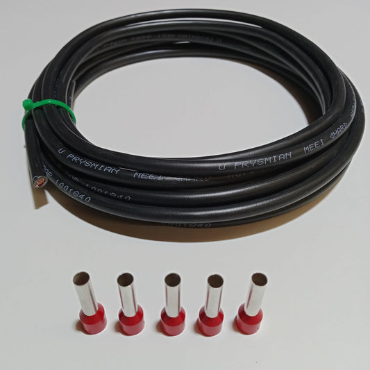 Verdrahtungsleitung 10mm² - schwarz, grau, braun, blau, grün/gelb - H07V-K PVC-Einzelader - Aderleitung feindrähtig flexibel (2-100m) inkl. 5 Aderendhülsen (schwarz, 2 Meter)