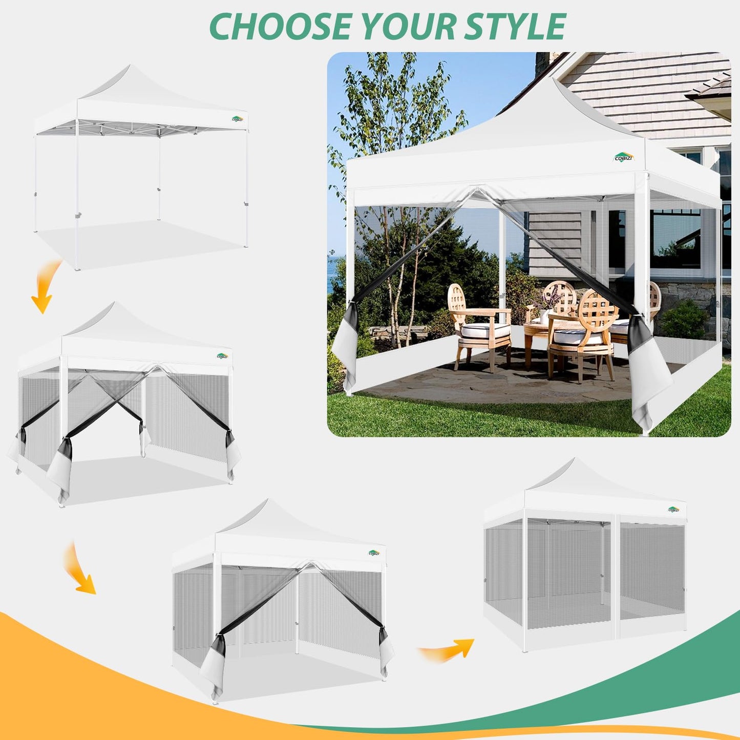 COBIZI Pavillon 3x3 Faltpavillon 3x3 Wasserdicht Stabil, Pop up Pavillon Faltbar, Partyzelt Gartenpavillon, Pavillion Klappbar 3x3 UV-Schutz mit 4 Seitenwänden aus Mesh, Weiß