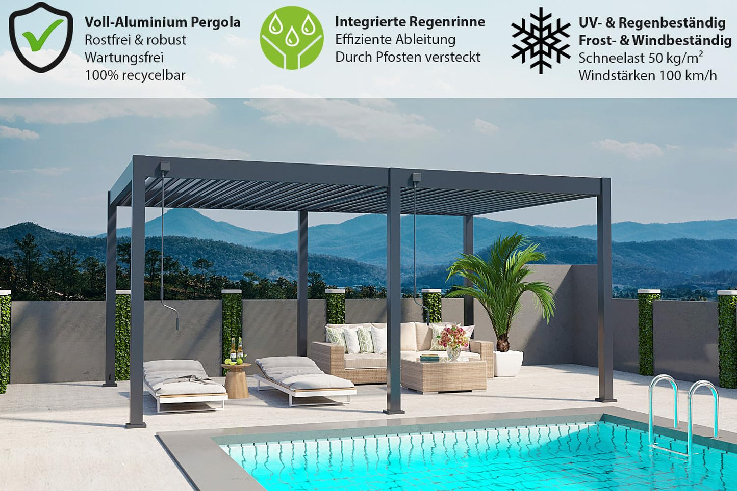 Weide Deluxe Pergola mit Lamellendach I Rostfreie & Robuste Voll-Aluminium Pavillon freistehend I Optimaler Schutz vor Sonne & Regen Dank verstellbaren Aluminium-Lamellen (Anthrazit, 3,6 x 5,3 M)