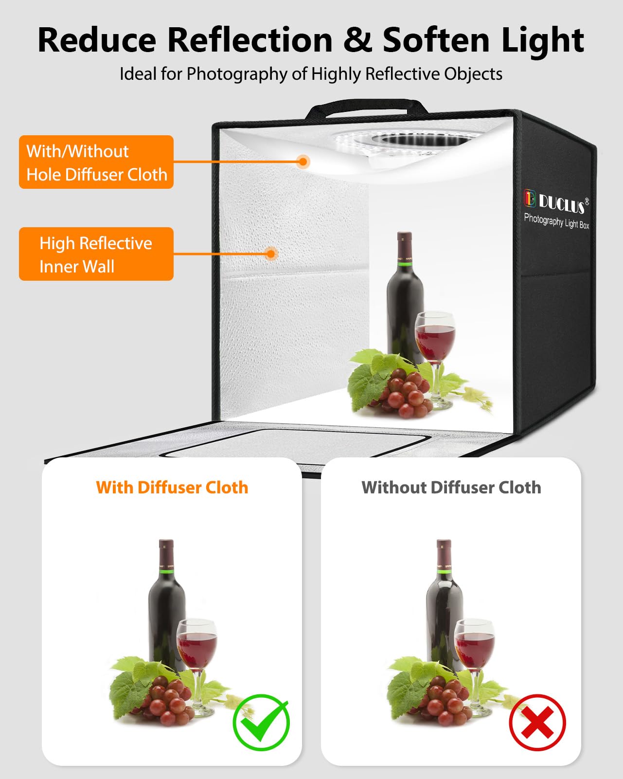 DUCLUS Fotobox zum Produktfotografie, 50x50x50cm Faltbare Fotostudio Set mit 216 LED Beleuchtung und 6 PVC Hintergründe für Schmuck-/Handwerks-/Kleinobjektfotografie