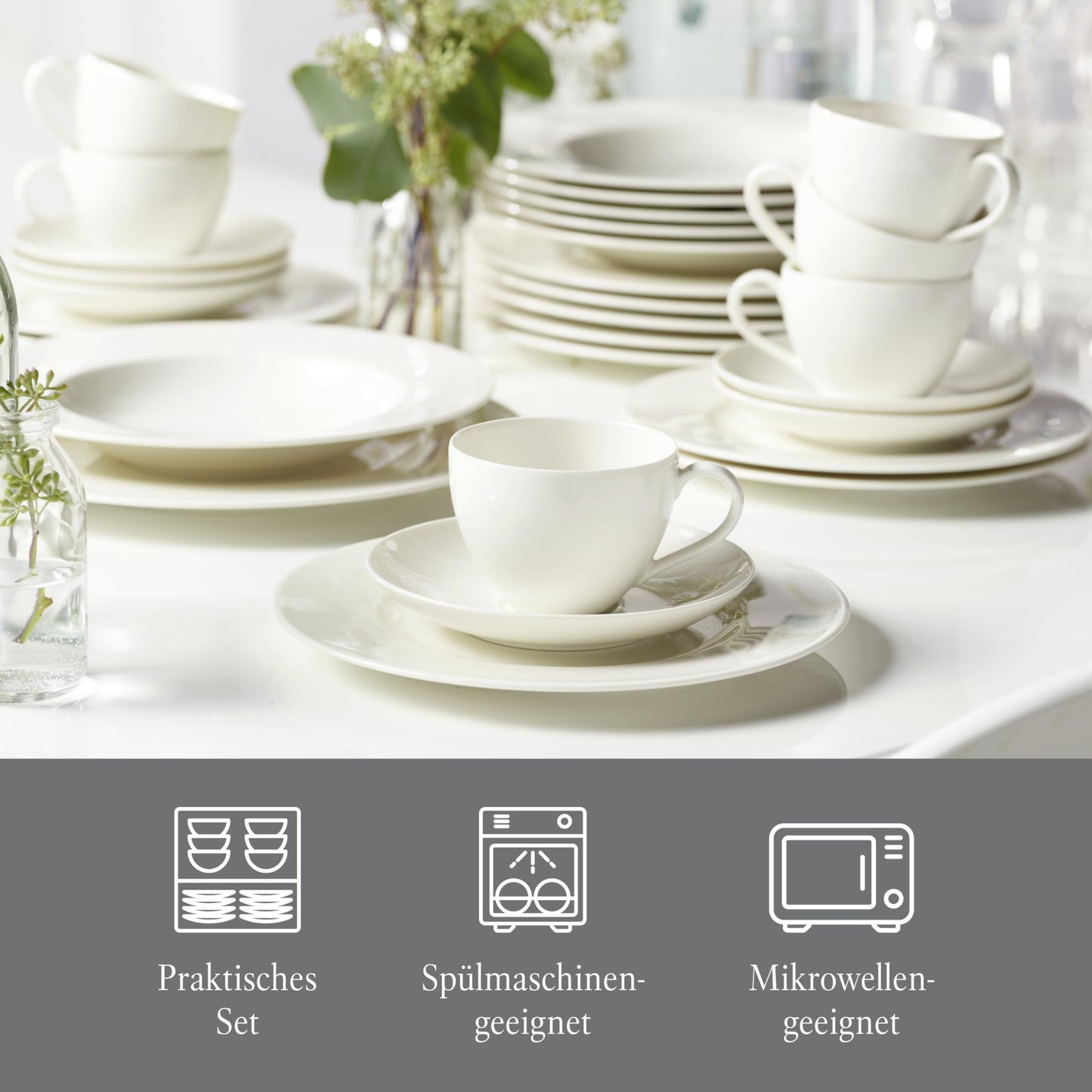 vivo – Villeroy & Boch – Basic White Kombiservice 30 Teilig, Spülmaschinenfest, Mikrowellensicher, Tafelservice Weiß, Geschirrset, Kaffeeservice, Keramik, Teller, Tassen, Premium Porzellan