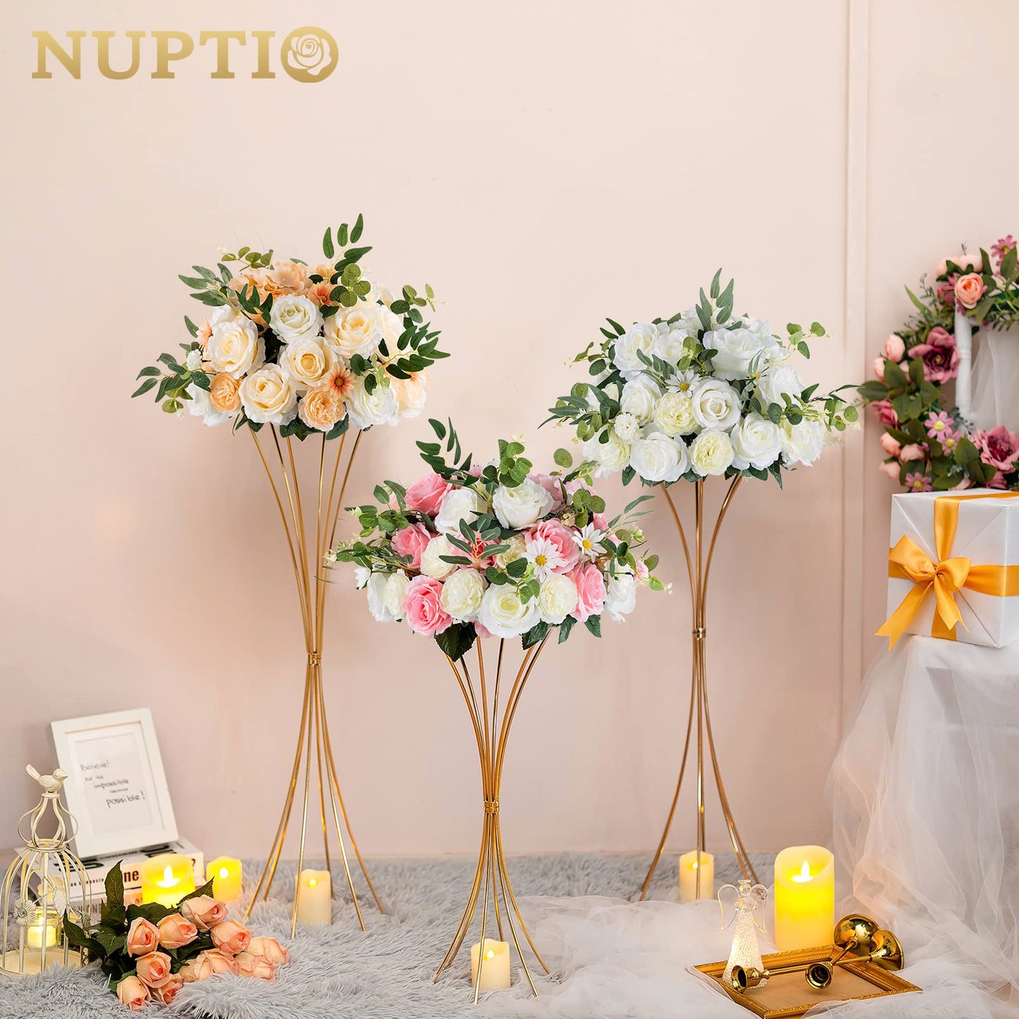 Nuptio 2 Stück Rose Gold Hochzeit Mittelstücke Tischvase, 79cm Hoch Metall Trompete Vase, Straße Führen für Hochzeitsfeier Abendessen Herzstück, Blumenständer für Weihnachten Jubiläum Dekoration