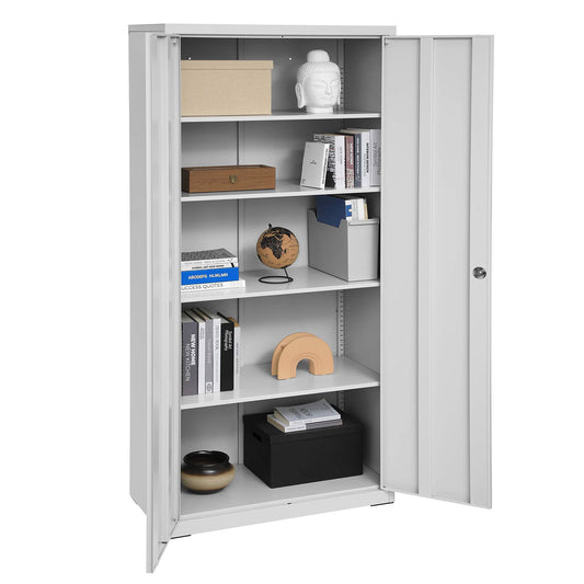 SONGMICS Aktenschrank, Mehrzweckschrank, Stahl-Aufbewahrungsschrank, 5 Ebenen, Doppeltüren, Schloss, Werkzeugschrank, verstellbare Ablagen, Garage, Büro, Wohnzimmer, grau OMC015G01