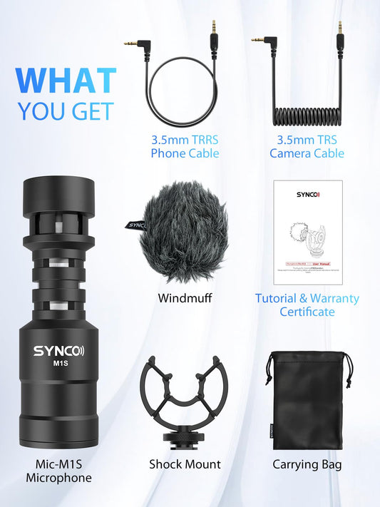 SYNCO Richtmikrofon Mikrofon auf Kamera, Kardioide Stoßdämpfung DSLR Videomic, Externes Microphone 3,5mm TRS/TRRS mit Windschutz für Canon Sony Nikon Panasonic Camcorder Smartphone Handy Mic-M1S