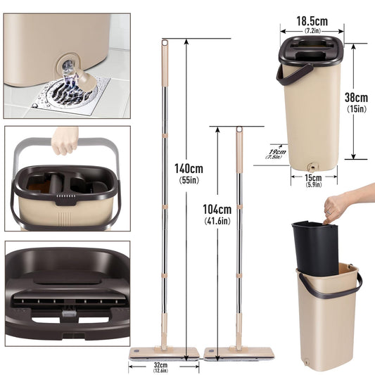 Wischmopp Set mit Eimer, Masthome Bodenwischer Set mit Einstellbar Edelstahlgriff, Putzeimer mit Wischmop mit 6 Mikrofaser Wischpads, Putzset mit Bodenwischer für Alle Bodentypen Bodenreinigung