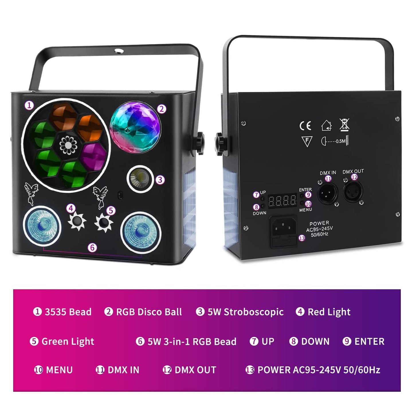 Bühnenbeleuchtung Disco Licht, 5 in 1 LED Effektlicht mit Magic Ball, LED Par Muster Blitzlichter mit UV Effekt, musikaktivierte und DMX gesteuerte DJ Lichter für Hochzeit, Kirche,Club,Party