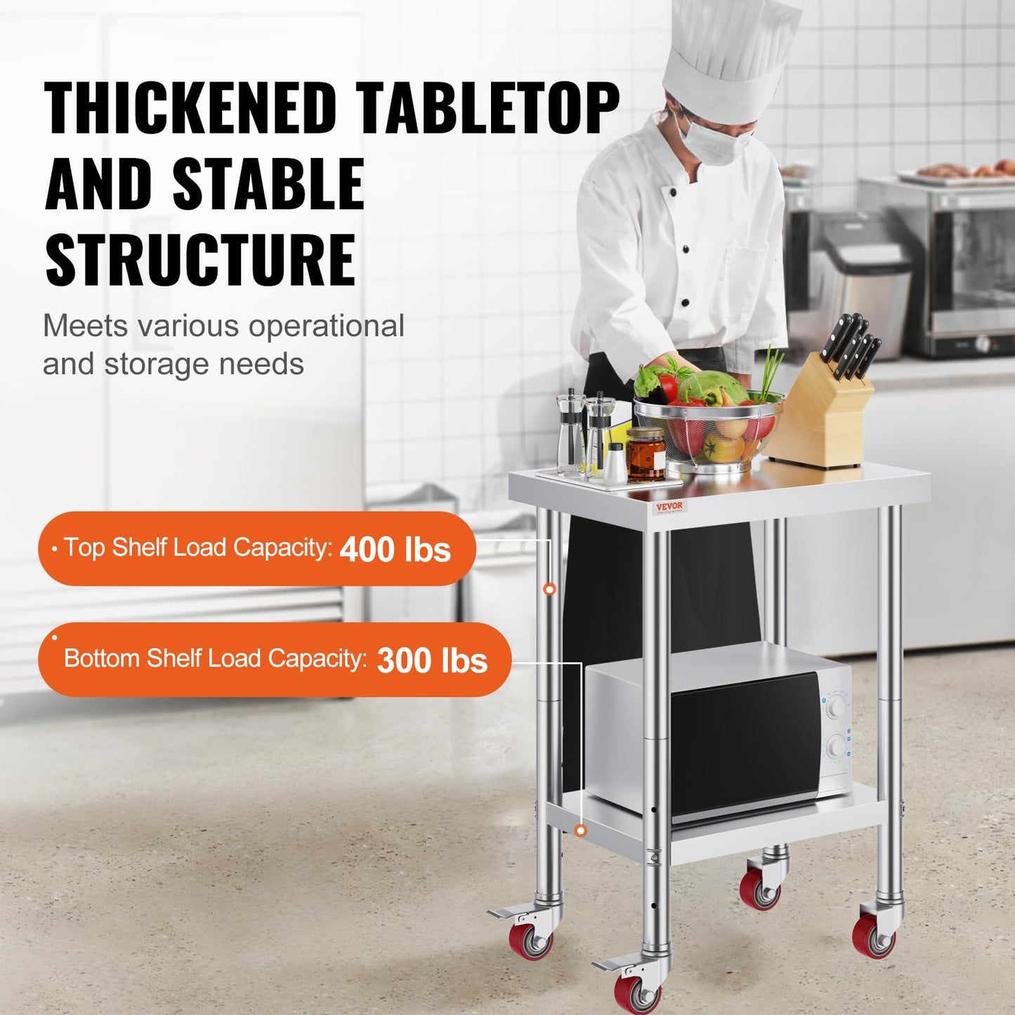 VEVOR Arbeitstisch 61 x 46 x 86 cm Edelstahl Catering Arbeitstisch 100 kg für Belastbarkeit Lebensmittel Zubereitungstisch Gewerbliche Arbeitstisch für Küche Bar Restaurantar 4 verstellbare Füße