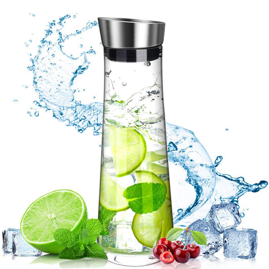 POWZOO Glas-Karaffe,Wasserkaraffe Glas (1.5 Liter),Glaskaraffe mit Deckel Edelstahl und Ausgießer, Saft Getränkekaraffe,Karaffe aus Glas für hausgemachte,Getränke/Eistee/Milch/Kaffee/Wein