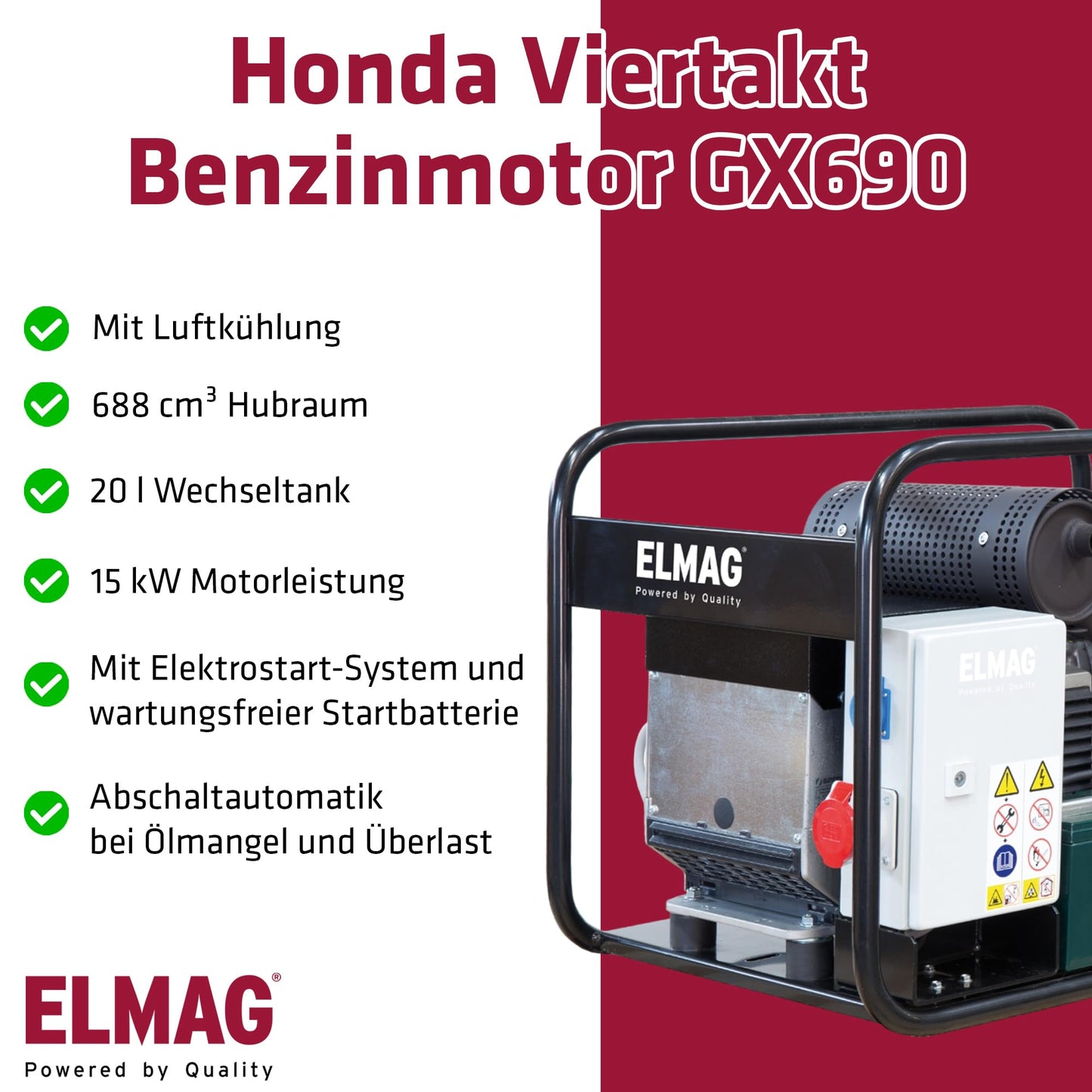 ELMAG SEB 16000WDE-AVR Benzin Stromerzeuger – Notstromaggregat mit 4-Takt-Motor luftgekühlt, 15 kW & 20 l Tank – 1x 230 V Schuko & 1x 400 V CEE – Stromgenerator mit AVR, Handstart & Überlastschutz