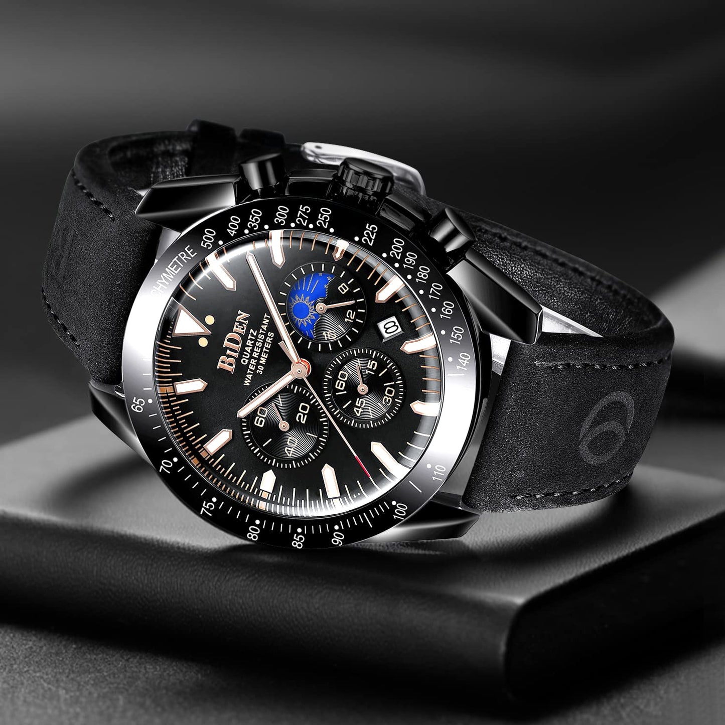 HANPOSH Herren Uhr Chronograph Uhren Herren Chronograph Edelstahl Wasserdicht Analog Quarz Armbanduhr Herren mit Datum Leuchtende Business Casual Uhren fur Männer (A06- Alle Schwarz)