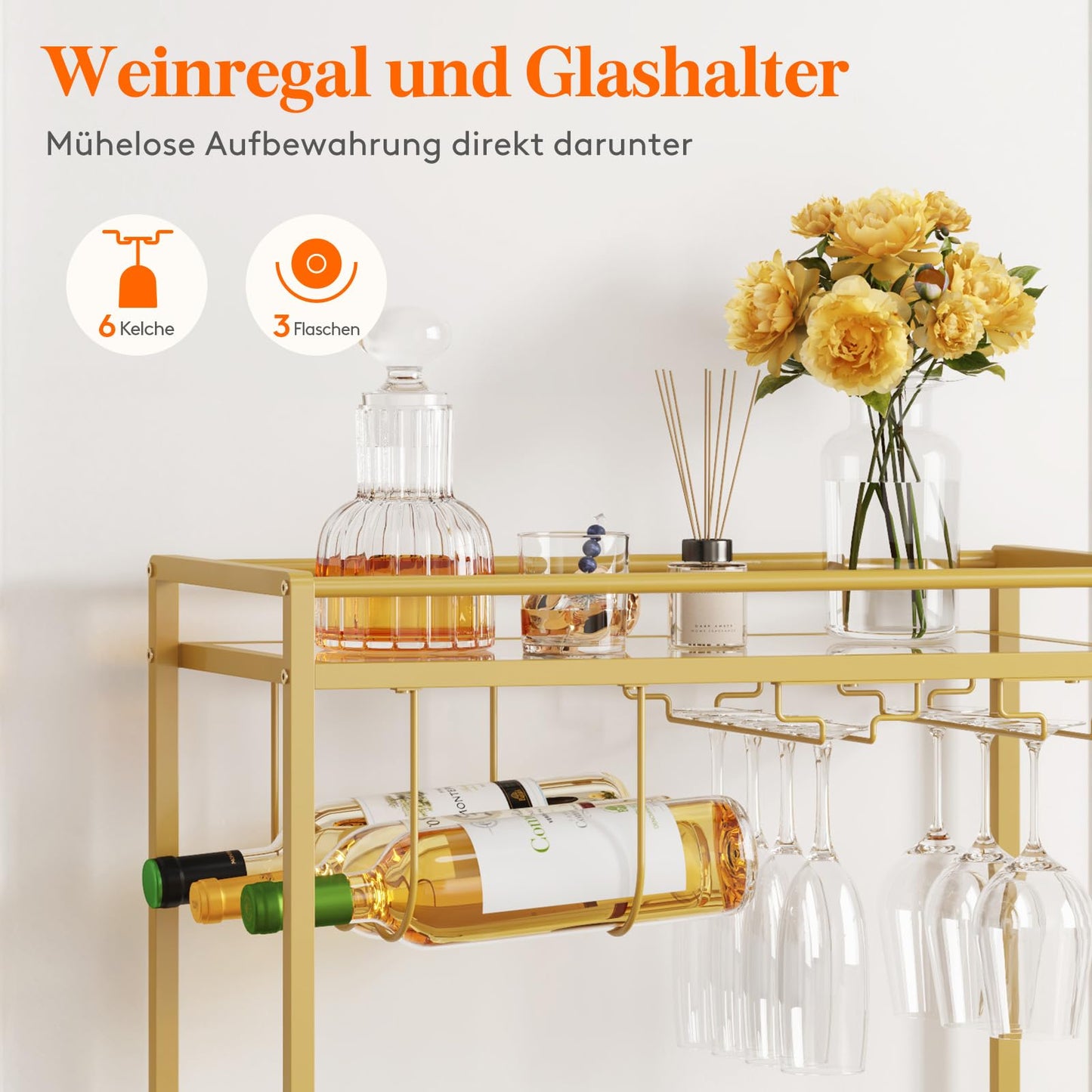 Lifewit Barwagen, Servierwagen mit 2 Etagen Glasböden, rollender Alkoholwagen mit feststellbaren Rädern, Glashalter und Weinregal, Getränkewagen für Küche, Esszimmer und Wohnzimmer, Gold