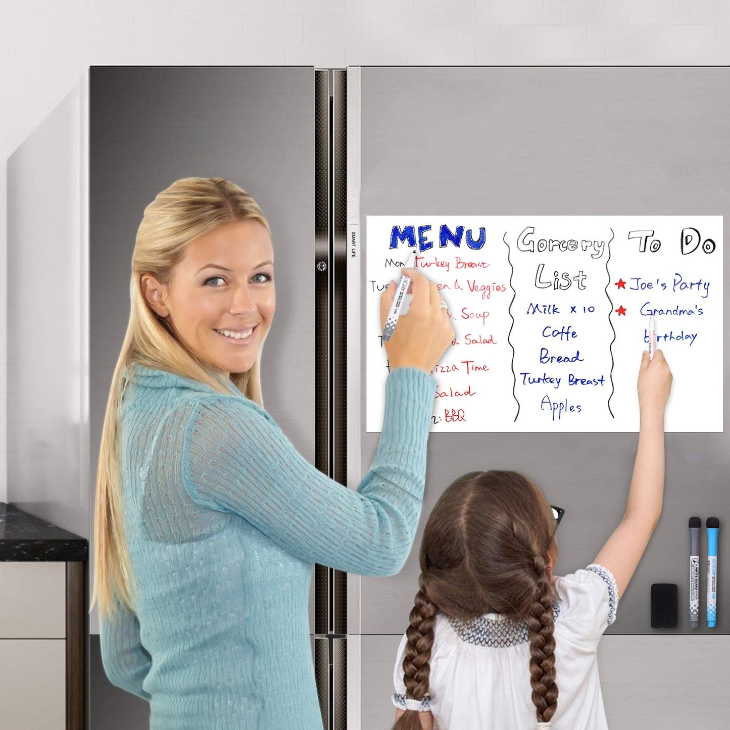 CUHIOY Magnetisches Whiteboard Kühlschrank Magnettafel A3 für Familie Menü Wochenplaner, Einkaufsliste, Memo Erinnerung Notiz,Kinder Graffiti abwischbar Flexible Magnet White Board,4 Markers 1Radierer