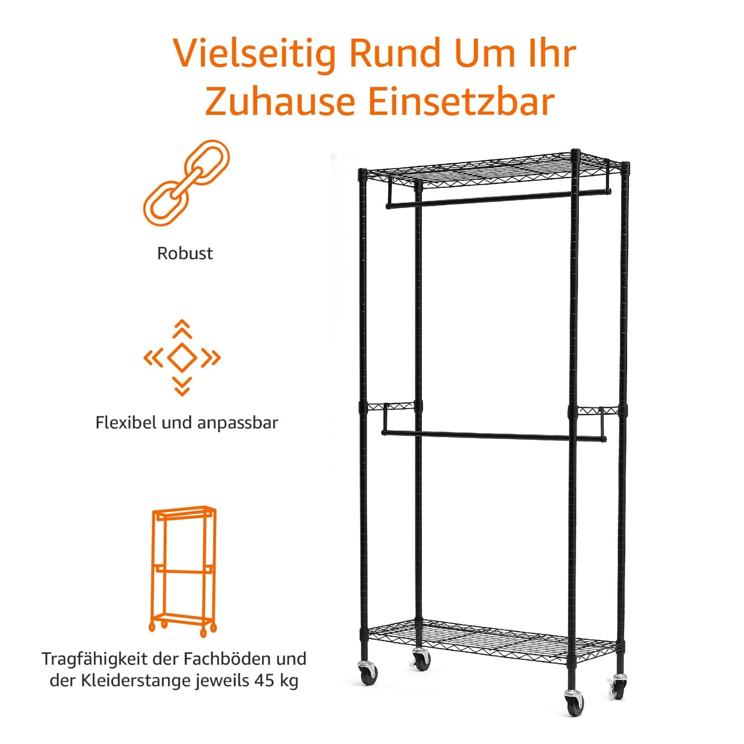 Amazon Basics Doppel-Kleiderstange Offen mit Rädern und Höhenverstellbaren Regalen - Maximalgewicht 181 kg, Schwarz, 91.0 x 35.5 x 183.0 cm (L x W x H)