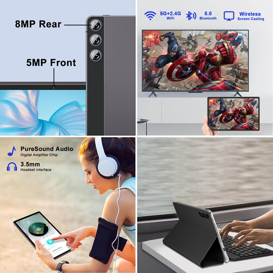 ZIOVO Tablet 10 Zoll mit 22GB RAM+128GB ROM (1TB TF), Android 14 Tablet mit 5G WLAN | Widevine L1 | Octa-Core 2.0 GHz | GMS | 8000mAh | FHD 1280 * 800 | 5+8MP | BT 5.0 | AGPS | Tablet mit Case - Grau