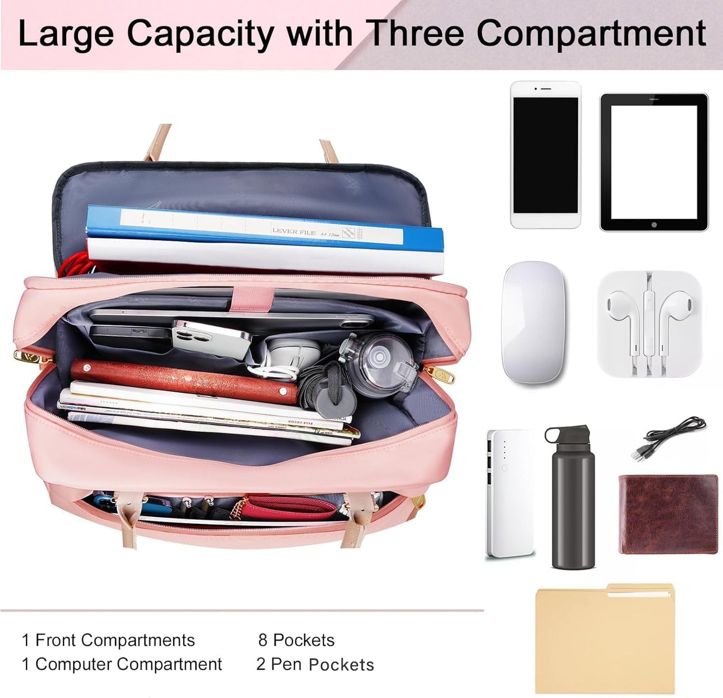 MATEIN Handtasche Damen Groß, Laptoptasche 17,3 Zoll Arbeitstasche mit Vielen Fächern Messenger Bag Businesstasche Frau Aktentasche Bürotasche Pink Laptop Bag Umhängetasche für Schule, Reisen, Rosa